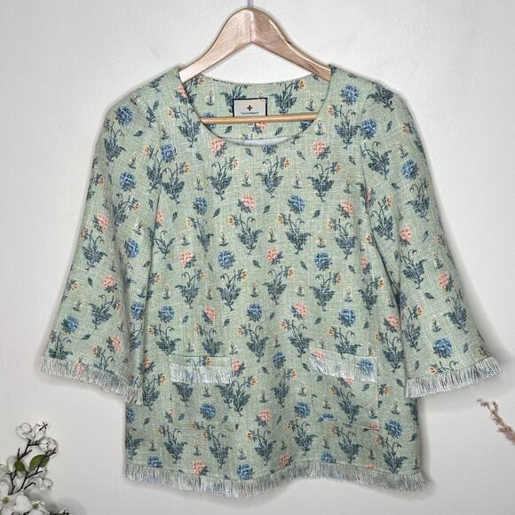 TUCKERNUCK Tapestry Floral Fringe Blouse Mint Green Sz XXS {3Y3} - Picture 2 of 5